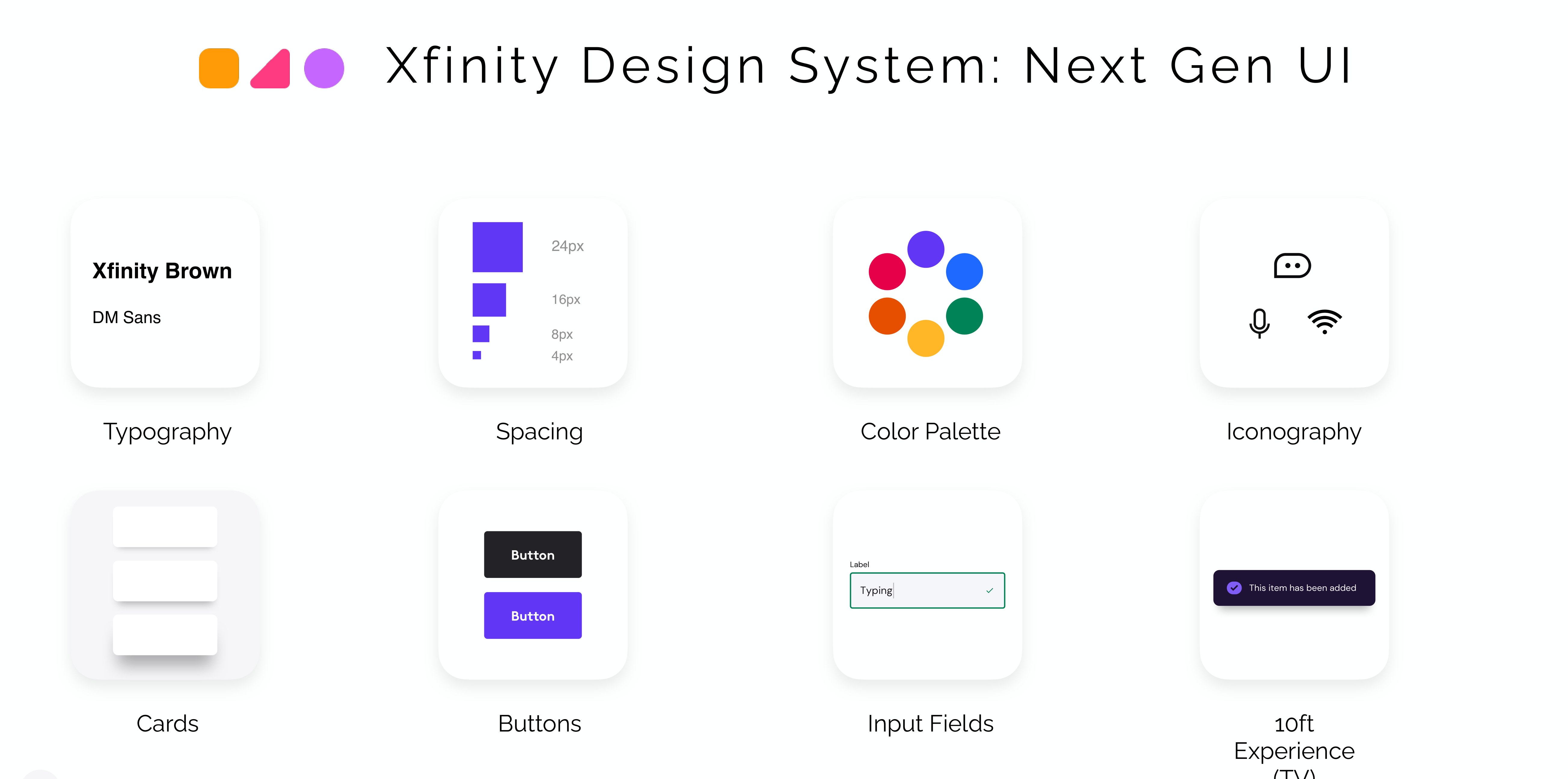 Xfinity design system: next-gen UI typography, color, spacing, cards, inputs, 10-foot TV