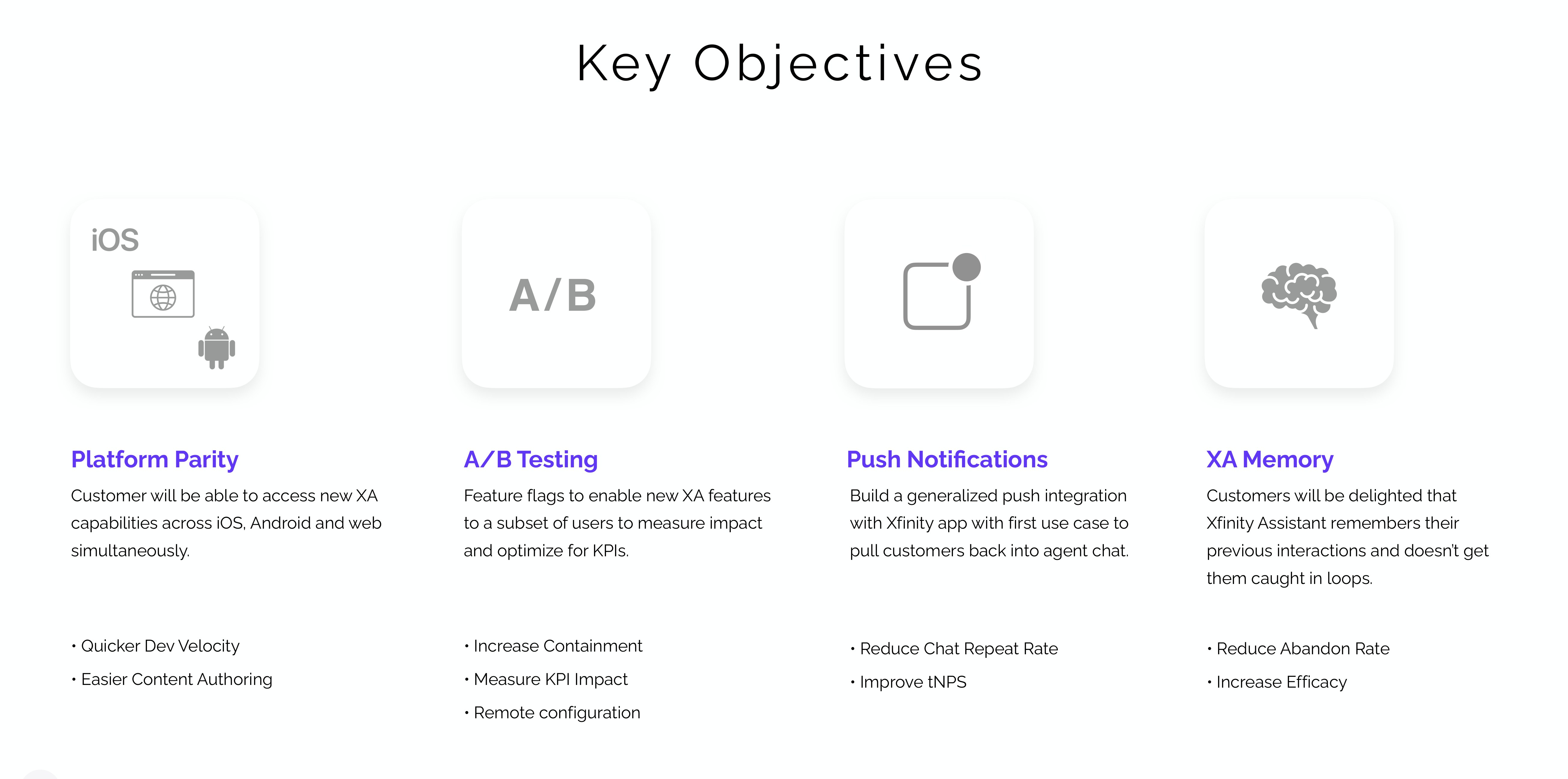 Key objectives: platform parity, A/B testing, push notifications, XA memory