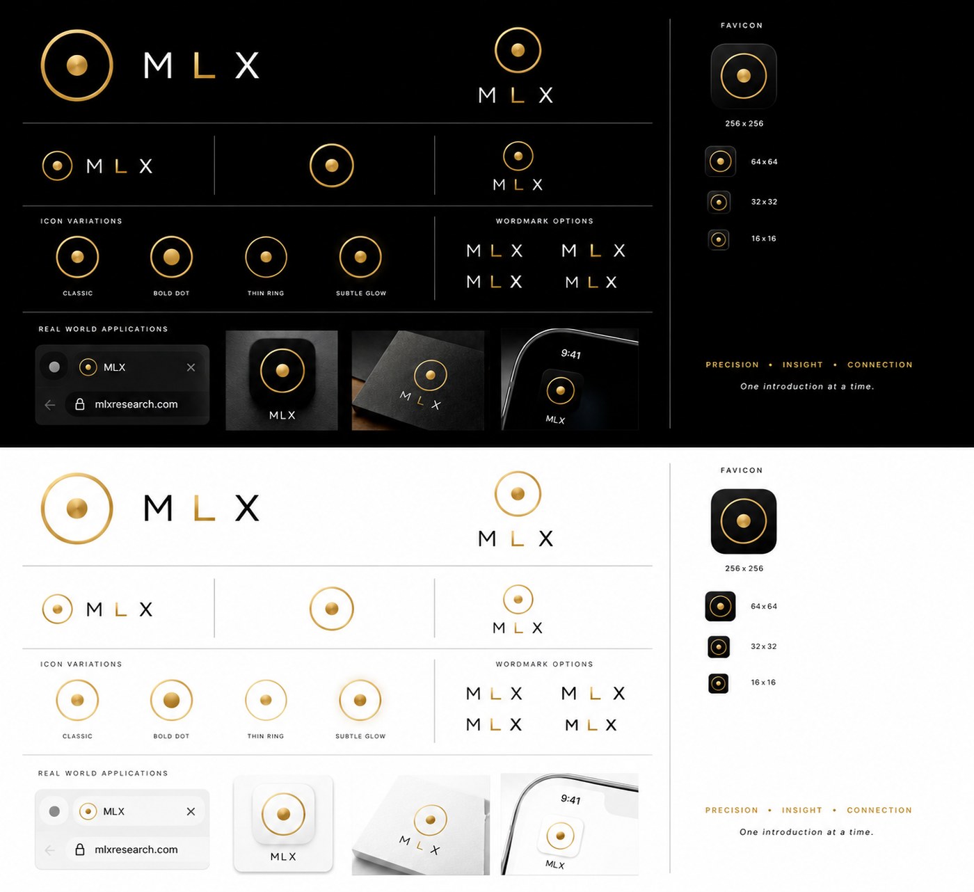The complete MLX identity sheet, both registers on one page: lockups, icon variations, wordmark options, favicon sizes and real world applications, on near black above and warm off white below.