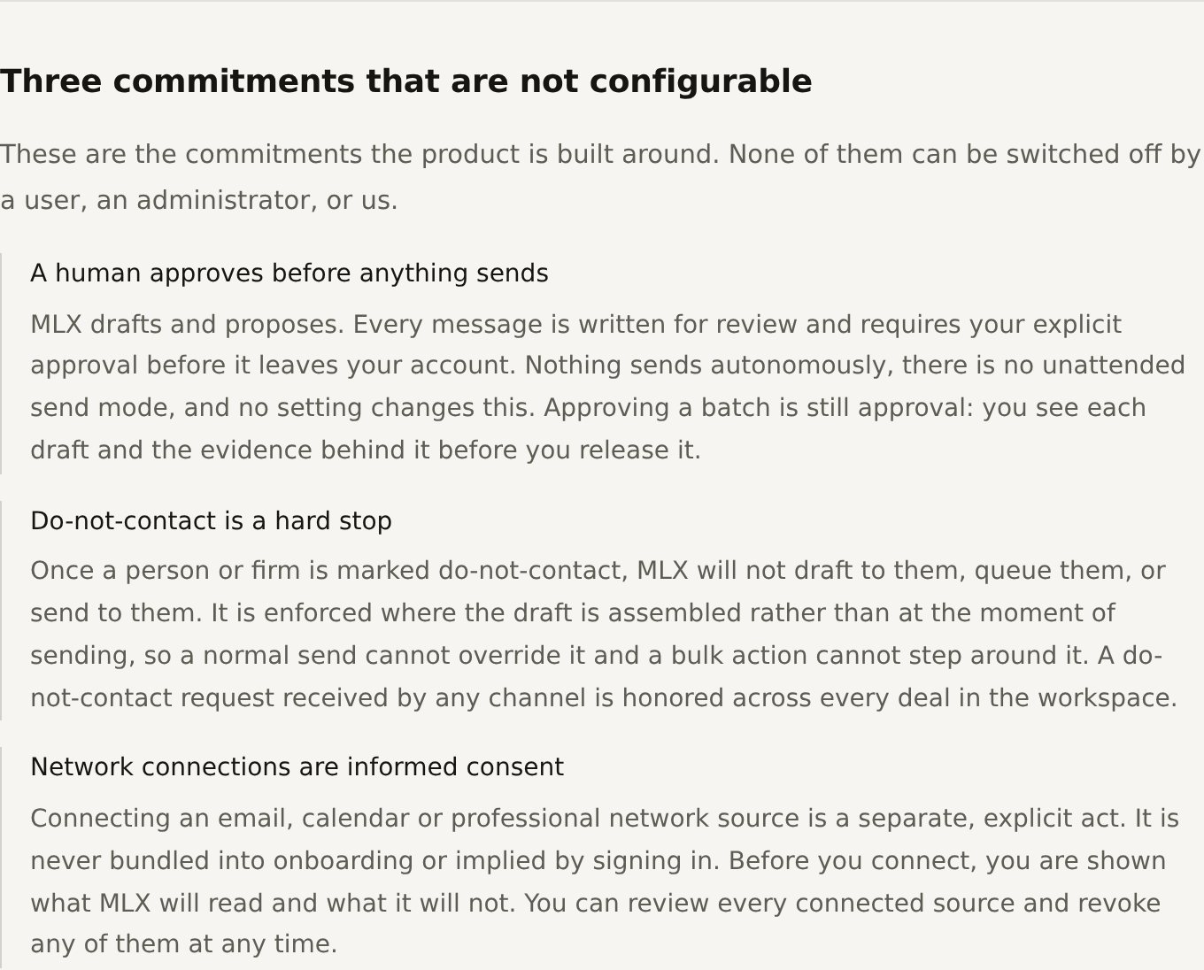 The security page, three commitments set in a document register.